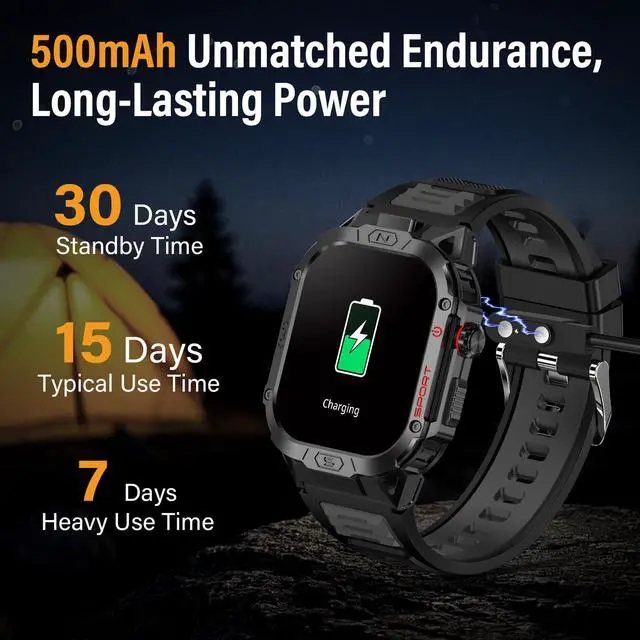 Alt view image 7 of 7 - Military Smart Watch for Men, 2.02" Screen, 100+ Sport Modes, Android iOS | Heart Rate Blood Oxygen Blood Pressure Sleep, 100+ Sport Modes Fitness Tracker, Outdoor Sport Smartwatch with Flashlight