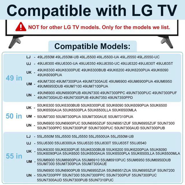 Alt view image 2 of 7 - 49" 50" 55" TV Stand for LG TV Legs for 55UJ6300 55UJ6540 55UK6200 55UK6300 55UK6500 55LJ550M 55UM7300 55UN6900 55LJ5550 50UK6500 49UK6300 MAM643660 MEZ64114730 Replacement Legs for LG TV with Screws