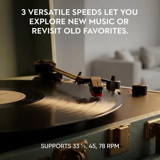 Alt view image 2 of 7 - Portable Record Player with Bluetooth Input, 3-Speed Belt-Drive Suitcase Turntable, Built-in Stereo Speakers, Bass/Treble Control, RCA Output, AUX Input & Headphone Jack, Sage Green