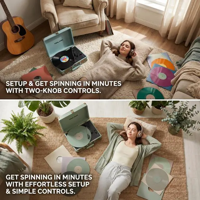 Alt view image 5 of 7 - Portable Record Player with Bluetooth Input, 3-Speed Belt-Drive Suitcase Turntable, Built-in Stereo Speakers, Bass/Treble Control, RCA Output, AUX Input & Headphone Jack, Sage Green