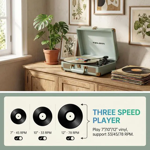 Alt view image 3 of 7 - Portable Record Player with Bluetooth Input, 3-Speed Belt-Drive Suitcase Turntable, Built-in Stereo Speakers, Bass/Treble Control, RCA Output, AUX Input & Headphone Jack, Sage Green