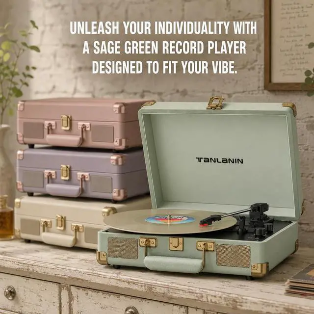 Alt view image 7 of 7 - Portable Record Player with Bluetooth Input, 3-Speed Belt-Drive Suitcase Turntable, Built-in Stereo Speakers, Bass/Treble Control, RCA Output, AUX Input & Headphone Jack, Sage Green