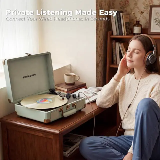 Alt view image 6 of 7 - Portable Record Player with Bluetooth Input, 3-Speed Belt-Drive Suitcase Turntable, Built-in Stereo Speakers, Bass/Treble Control, RCA Output, AUX Input & Headphone Jack, Sage Green