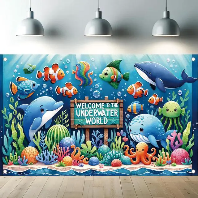 Main image of Underwater World Backdrop Banner Ocean Party Decoration Cute Sea Animal Banner for Kids Birthday Baby Shower Photography Background Photo Booth Wall Decor 71 x43 Inch
