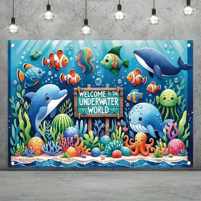 Alt view image 2 of 7 - Underwater World Backdrop Banner Ocean Party Decoration Cute Sea Animal Banner for Kids Birthday Baby Shower Photography Background Photo Booth Wall Decor 71 x43 Inch