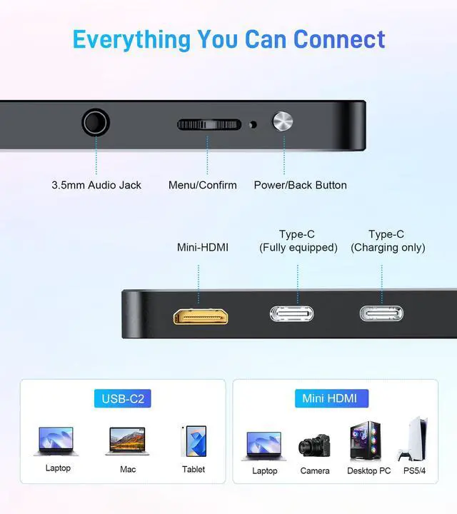 Alt view image 6 of 7 - 11" 2.5K Touchscreen Portable Monitor, 2560x1600 IPS Display 16:10,USB-C & Mini HDMI, VESA Stand Compatible with Laptops, Desktops, Phones, PS, Mac, Xbox, Switch, and Other Gaming