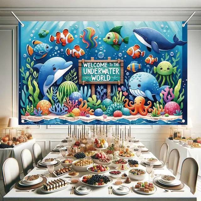 Alt view image 4 of 7 - Underwater World Backdrop Banner Ocean Party Decoration Cute Sea Animal Banner for Kids Birthday Baby Shower Photography Background Photo Booth Wall Decor 71 x43 Inch