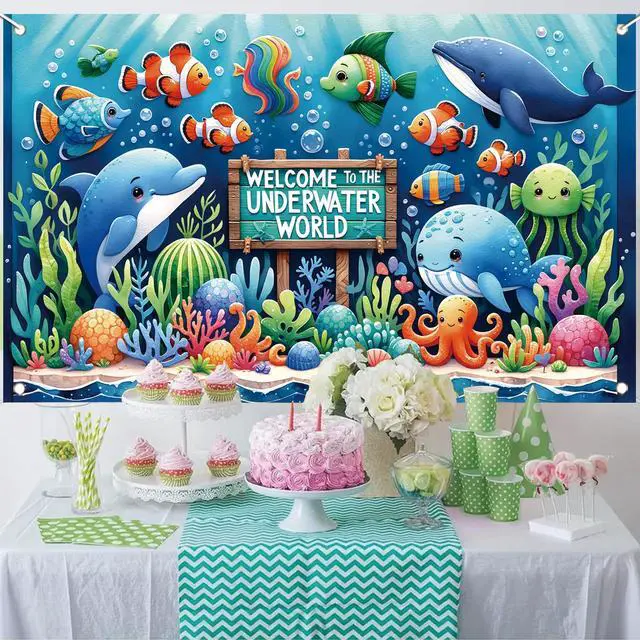 Alt view image 5 of 7 - Underwater World Backdrop Banner Ocean Party Decoration Cute Sea Animal Banner for Kids Birthday Baby Shower Photography Background Photo Booth Wall Decor 71 x43 Inch