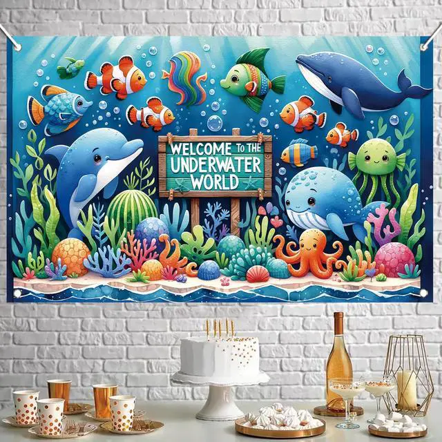 Alt view image 6 of 7 - Underwater World Backdrop Banner Ocean Party Decoration Cute Sea Animal Banner for Kids Birthday Baby Shower Photography Background Photo Booth Wall Decor 71 x43 Inch