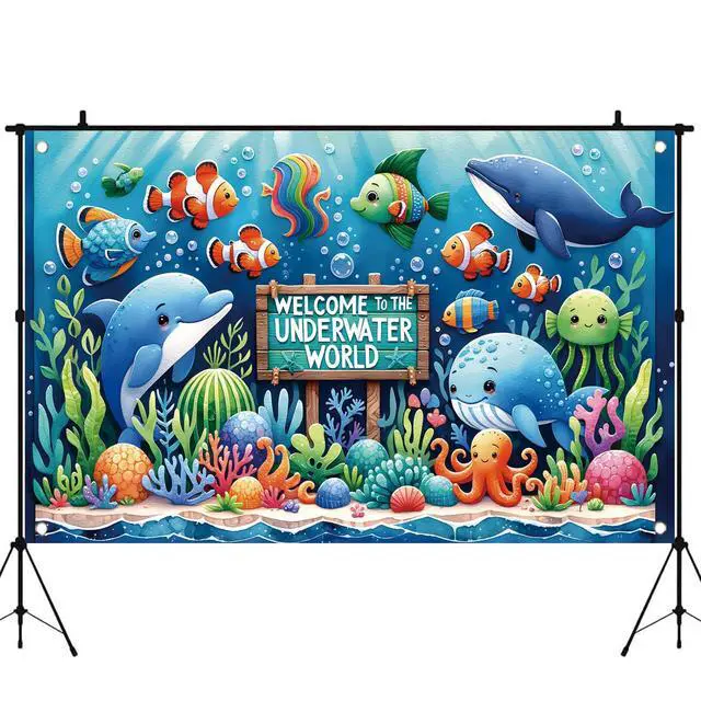 Alt view image 7 of 7 - Underwater World Backdrop Banner Ocean Party Decoration Cute Sea Animal Banner for Kids Birthday Baby Shower Photography Background Photo Booth Wall Decor 71 x43 Inch