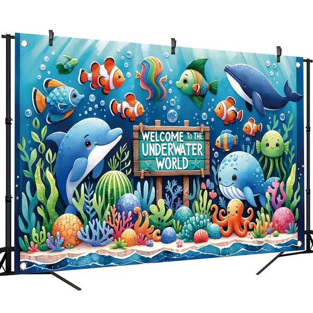 Alt view image 3 of 7 - Underwater World Backdrop Banner Ocean Party Decoration Cute Sea Animal Banner for Kids Birthday Baby Shower Photography Background Photo Booth Wall Decor 71 x43 Inch