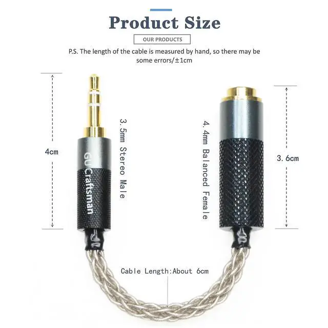Alt view image 3 of 7 - 3.5mm Stereo Male to 4.4mm Balanced Female Portable Headphone Adapter Cable 6N Single Crystal Silver Headphone Jack Convert Cable for Audio Players with 3.5mm Ports