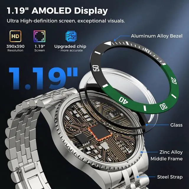 Alt view image 2 of 7 - Men's Luxury Smart Watch with Stainless Steel Band, 1.19" HD AMOLED Always-On Display, Bluetooth Calls & AI Voice Assistant, 24/7 Health & Sleep Tracker, IP67 Waterproof Business Timepiece