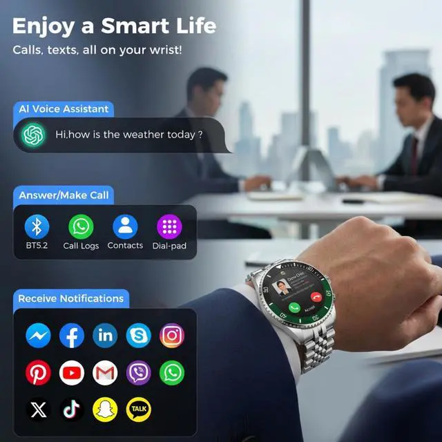 Alt view image 3 of 7 - Men's Luxury Smart Watch with Stainless Steel Band, 1.19" HD AMOLED Always-On Display, Bluetooth Calls & AI Voice Assistant, 24/7 Health & Sleep Tracker, IP67 Waterproof Business Timepiece