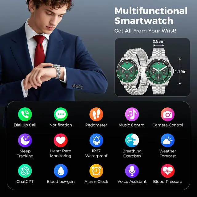 Alt view image 7 of 7 - Men's Luxury Smart Watch with Stainless Steel Band, 1.19" HD AMOLED Always-On Display, Bluetooth Calls & AI Voice Assistant, 24/7 Health & Sleep Tracker, IP67 Waterproof Business Timepiece