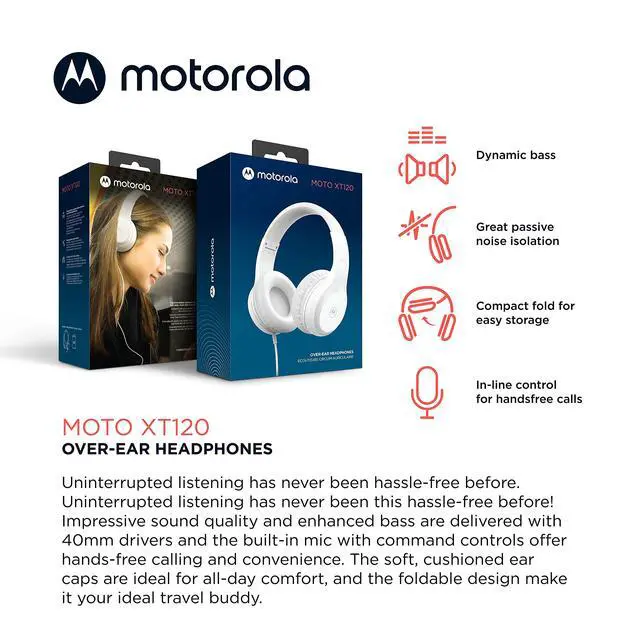 Alt view image 2 of 6 - Moto XT120 Over Ear Headphones Wired with Microphone, in-Line Command Control for Calls - Foldable Wired Headphones with Adjustable Cushioned Headband, Dynamic Bass, 3.5mm Jack - White