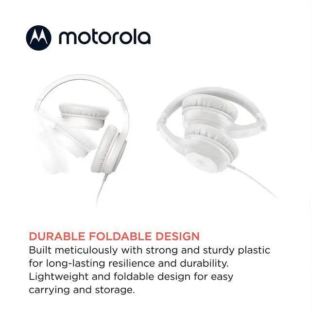 Alt view image 3 of 6 - Moto XT120 Over Ear Headphones Wired with Microphone, in-Line Command Control for Calls - Foldable Wired Headphones with Adjustable Cushioned Headband, Dynamic Bass, 3.5mm Jack - White