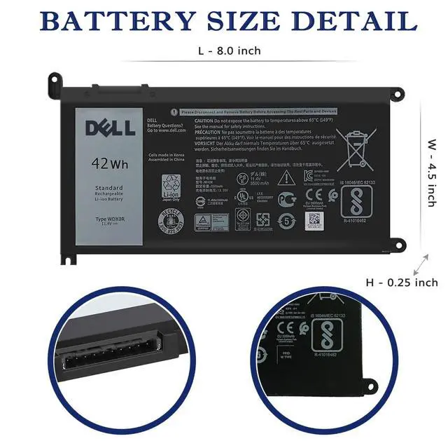 Alt view image 3 of 6 - DELL WDX0R Notebook Battery for Dell Inspiron 15 7579 7573 7560 7569 7570 5565 5567 5568 5570 5578 5579 7586 13 7368 7378 5368 5378 5379 17 5765 5767 5775 Latitude 3490 3590 P66F P58F P32E11.4V 42Wh