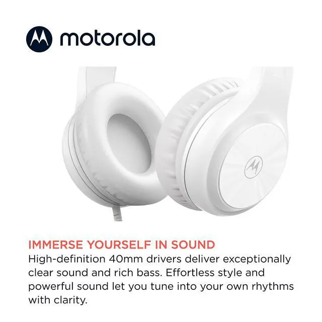 Alt view image 4 of 6 - Moto XT120 Over Ear Headphones Wired with Microphone, in-Line Command Control for Calls - Foldable Wired Headphones with Adjustable Cushioned Headband, Dynamic Bass, 3.5mm Jack - White