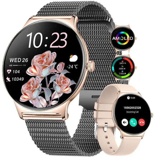 Main image of Smart Watch for Women(Dial/Answer Calls), 1.43" AMOLED HD Display, 100+ Sport Mode Fitness Tracker, 5ATM Waterproof/IP68/Sleep Smartwatch Womens, Ladies Smart Watches for iOS Android (Black Gold)