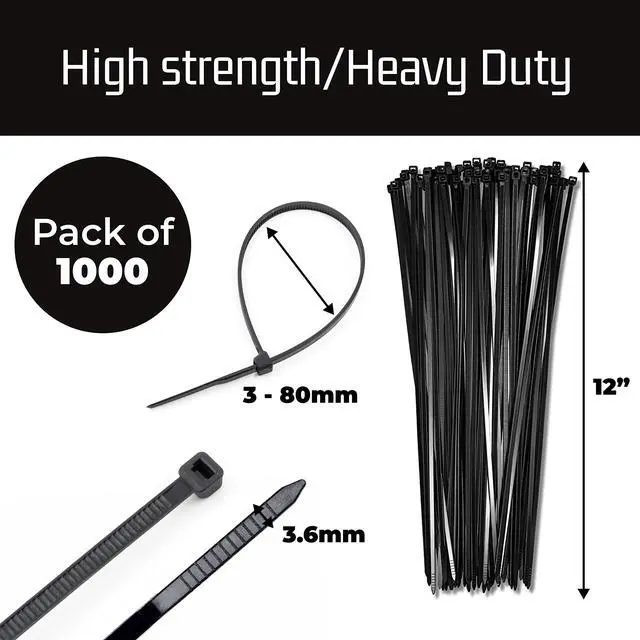 Alt view image 2 of 7 - 12-Inch Black Zip Ties - 1000-Pack Heavy Duty Wire and Cable Ties - Durable Self-Locking Nylon with 40 lbs Tensile Strength - UV and Temperature Resistant for Indoor and Outdoor Use