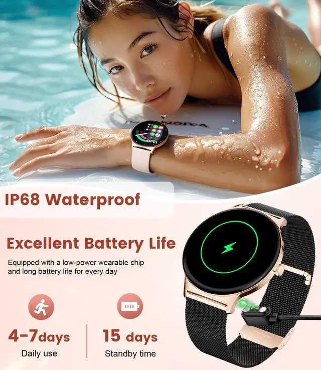 Alt view image 7 of 7 - Smart Watch for Women(Dial/Answer Calls), 1.43" AMOLED HD Display, 100+ Sport Mode Fitness Tracker, 5ATM Waterproof/IP68/Sleep Smartwatch Womens, Ladies Smart Watches for iOS Android (Black Gold)