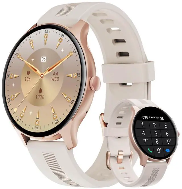 Main image of Smart Watch for Women Men Answer/Make Calls for iPhone/Android Cream | 1.4" HD Round Fitness Tracker Watch, Heart Rate/Sleep Monitor, Step/Calories Counter, Track 100+ Sport Types, IP68 Waterproof
