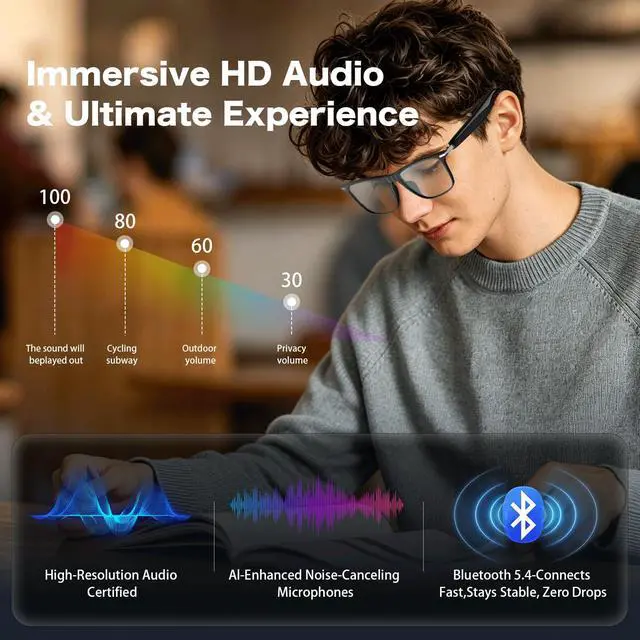 Alt view image 2 of 7 - Smart Glasses for Men, IP65 Waterproof Al Translator Glasses with Lightweight Open, Real-Time Translation, Recording Glasses for Travel, Sports, Outdoor and Hands-Free Daily Use