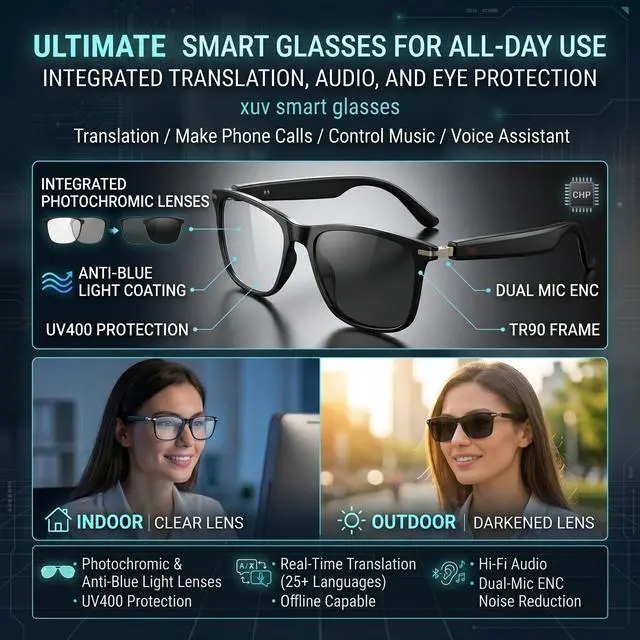 Alt view image 3 of 7 - Smart Glasses for Men, IP65 Waterproof Al Translator Glasses with Lightweight Open, Real-Time Translation, Recording Glasses for Travel, Sports, Outdoor and Hands-Free Daily Use