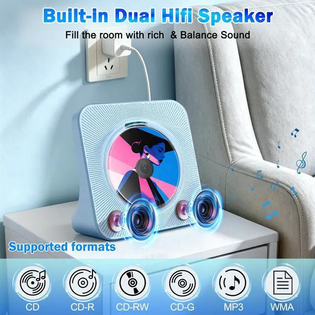 Alt view image 2 of 7 - Home Bluetooth CD Player, Desktop CD Players, Built-in Dual Stereo Speakers | Support Bluetooth/FM Radio/USB Drive/AUX Jack, Sleep Timer, Non-rechargeable, Remote Control