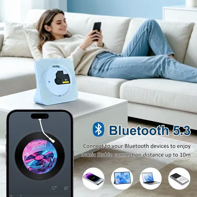 Alt view image 4 of 7 - Home Bluetooth CD Player, Desktop CD Players, Built-in Dual Stereo Speakers | Support Bluetooth/FM Radio/USB Drive/AUX Jack, Sleep Timer, Non-rechargeable, Remote Control