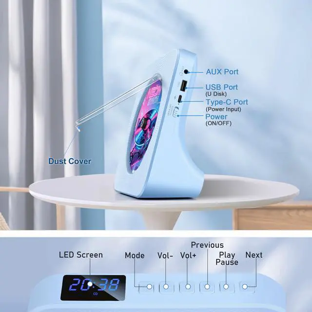 Alt view image 7 of 7 - Home Bluetooth CD Player, Desktop CD Players, Built-in Dual Stereo Speakers | Support Bluetooth/FM Radio/USB Drive/AUX Jack, Sleep Timer, Non-rechargeable, Remote Control