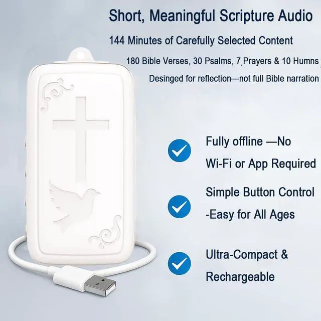 Alt view image 2 of 7 - Mini Bible Player Key-Sized KJV Audio Scripture Device with Psalms, Prayers & Hymns Ultra-Compact & Rechargeable Christian Gift Ivory White