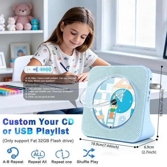 Alt view image 5 of 7 - Home Bluetooth CD Player, Desktop CD Players, Built-in Dual Stereo Speakers | Support Bluetooth/FM Radio/USB Drive/AUX Jack, Sleep Timer, Non-rechargeable, Remote Control