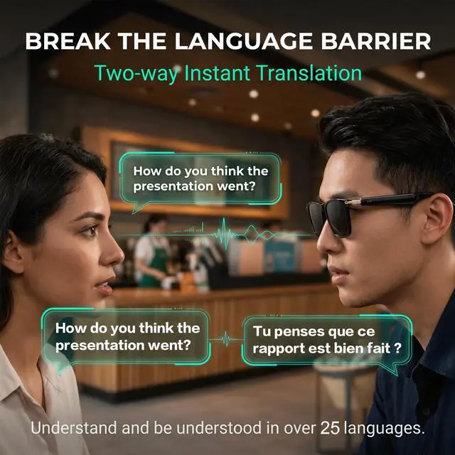 Alt view image 5 of 7 - Smart Glasses for Men, IP65 Waterproof Al Translator Glasses with Lightweight Open, Real-Time Translation, Recording Glasses for Travel, Sports, Outdoor and Hands-Free Daily Use