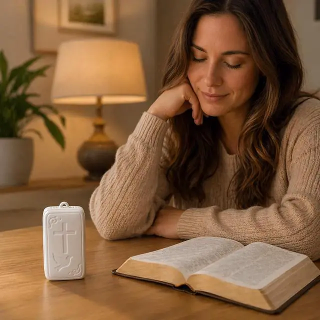 Alt view image 7 of 7 - Mini Bible Player Key-Sized KJV Audio Scripture Device with Psalms, Prayers & Hymns Ultra-Compact & Rechargeable Christian Gift Ivory White