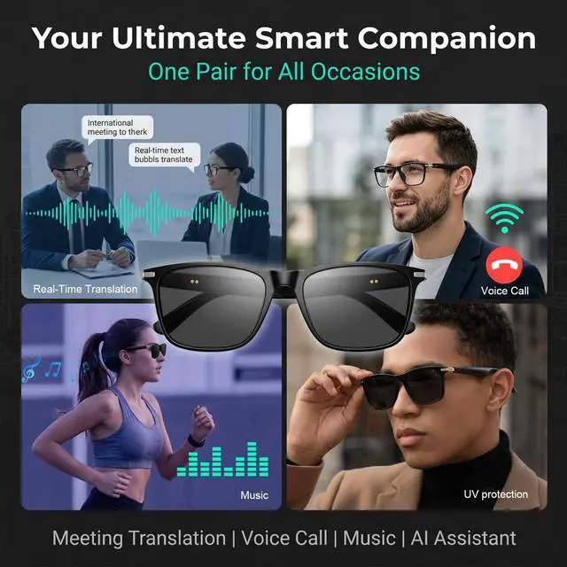 Alt view image 6 of 7 - Smart Glasses for Men, IP65 Waterproof Al Translator Glasses with Lightweight Open, Real-Time Translation, Recording Glasses for Travel, Sports, Outdoor and Hands-Free Daily Use