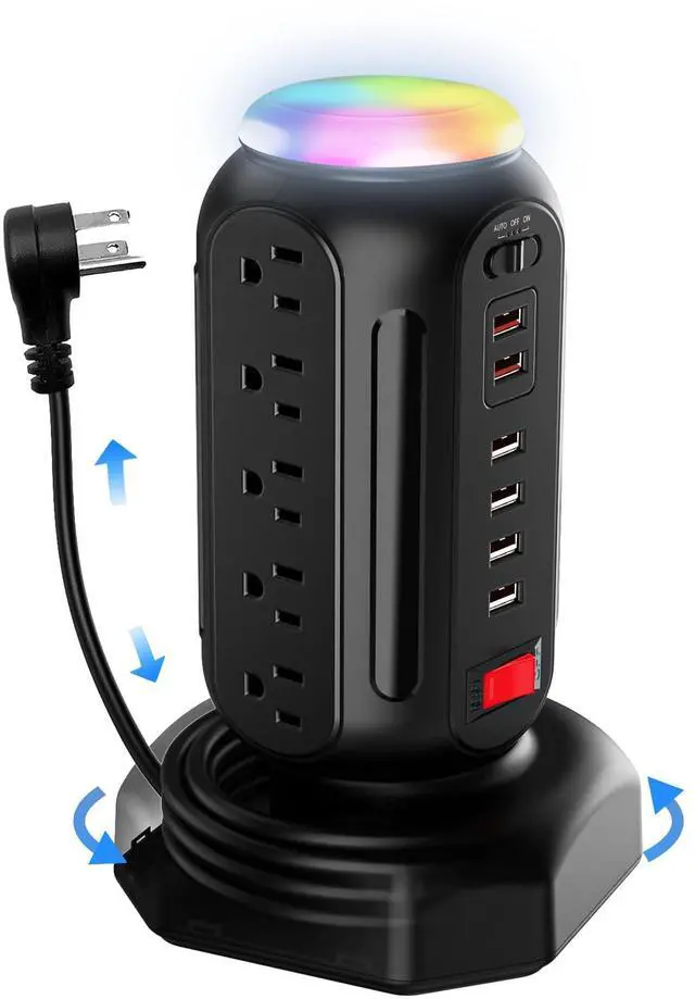 Main image of Power Strip Tower with Colorful Nightlight, 15 AC Outlets and 6 Fasting USB Ports, Retractable Extension Cord with Multiple Outlets, 900 J Surge Protector with Right Flat Plug (Black)