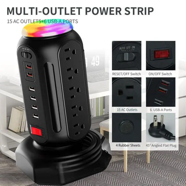 Alt view image 2 of 6 - Power Strip Tower with Colorful Nightlight, 15 AC Outlets and 6 Fasting USB Ports, Retractable Extension Cord with Multiple Outlets, 900 J Surge Protector with Right Flat Plug (Black)