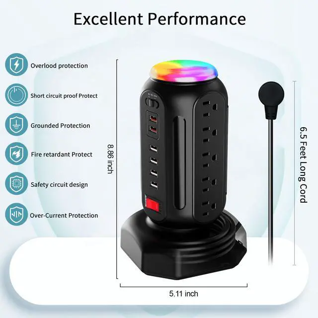 Alt view image 4 of 6 - Power Strip Tower with Colorful Nightlight, 15 AC Outlets and 6 Fasting USB Ports, Retractable Extension Cord with Multiple Outlets, 900 J Surge Protector with Right Flat Plug (Black)