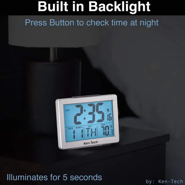 Alt view image 3 of 5 - Ken-Tech T-4652 Atomic Radio Controlled LCD A larm Clock, 1.5-Inch, Black Blue Light