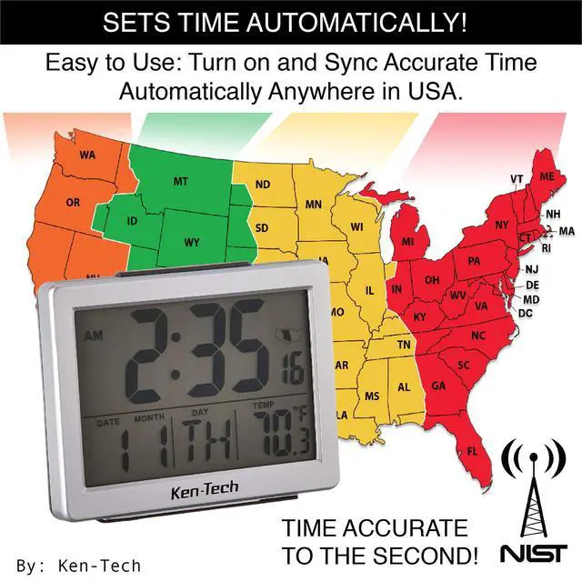 Alt view image 2 of 5 - Ken-Tech T-4652 Atomic Radio Controlled LCD A larm Clock, 1.5-Inch, Black Blue Light