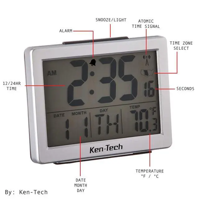 Alt view image 5 of 5 - Ken-Tech T-4652 Atomic Radio Controlled LCD A larm Clock, 1.5-Inch, Black Blue Light