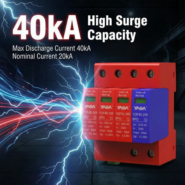 Alt view image 3 of 6 - 480Y/277V 3-Phase AC Surge Protector, 3P+N Type 2 SPD, DIN Rail | For TN/TT systems; 20kA In/40kA Imax, L-N/N-PE protection, pluggable modules, remote signaling, red/green indicator