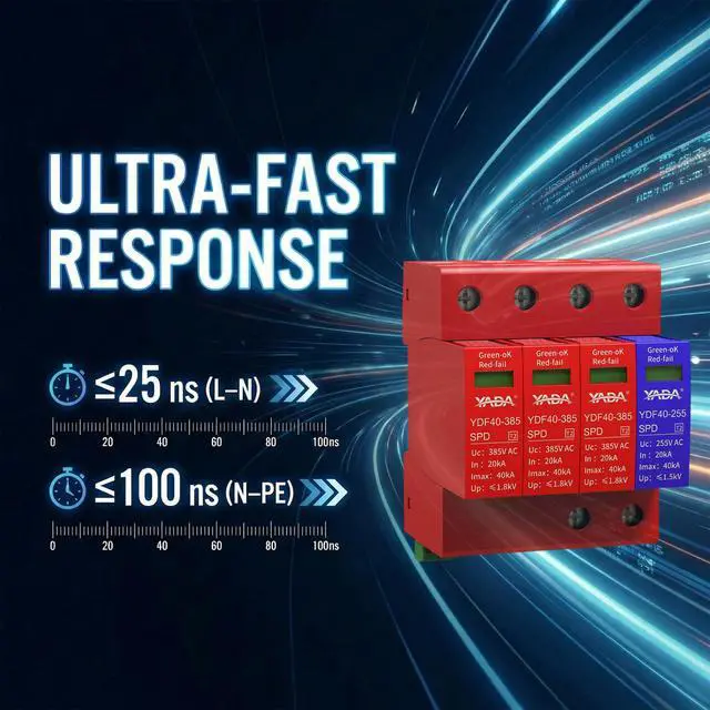 Alt view image 5 of 6 - 480Y/277V 3-Phase AC Surge Protector, 3P+N Type 2 SPD, DIN Rail | For TN/TT systems; 20kA In/40kA Imax, L-N/N-PE protection, pluggable modules, remote signaling, red/green indicator