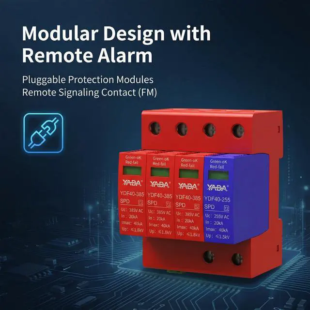Alt view image 6 of 6 - 480Y/277V 3-Phase AC Surge Protector, 3P+N Type 2 SPD, DIN Rail | For TN/TT systems; 20kA In/40kA Imax, L-N/N-PE protection, pluggable modules, remote signaling, red/green indicator