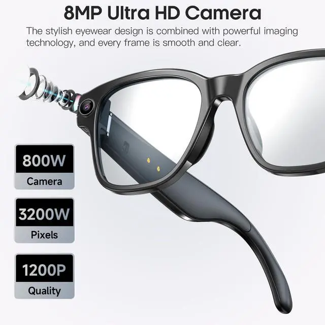 Alt view image 2 of 7 - AI Camera Smart Glasses for Men Women with 8MP, 4K Photo/1200P HD Video Recording, Translation, GPT Voice Assistant, AI Object Recognition, Hands-Free Music/Call,Long Battery Life