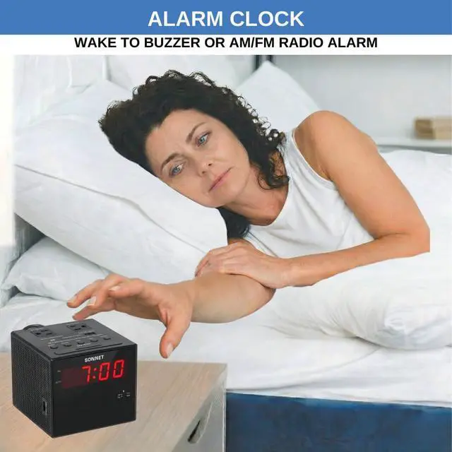 Alt view image 5 of 7 - Digital Alarm Clock Radio with Charging Station, AM/FM Radio for Bedroom, 2 AC Outlets & USB-C + USB-A Charging Ports, LED Display, Snooze, AUX Input, Battery Backup by