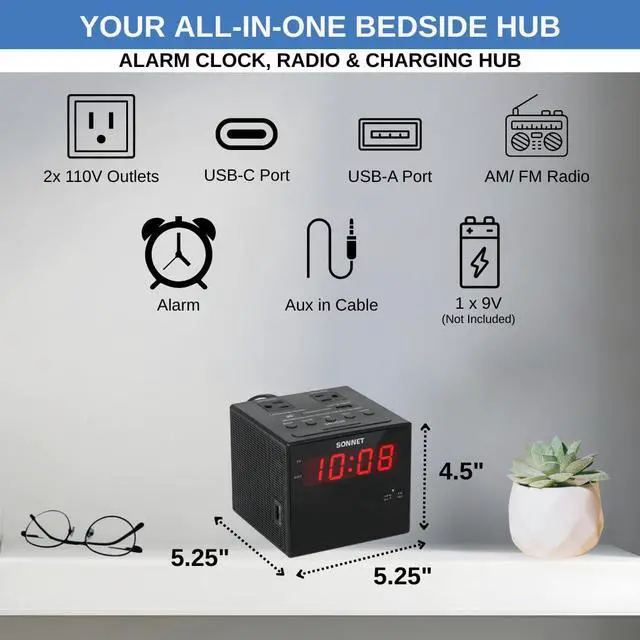 Alt view image 6 of 7 - Digital Alarm Clock Radio with Charging Station, AM/FM Radio for Bedroom, 2 AC Outlets & USB-C + USB-A Charging Ports, LED Display, Snooze, AUX Input, Battery Backup by