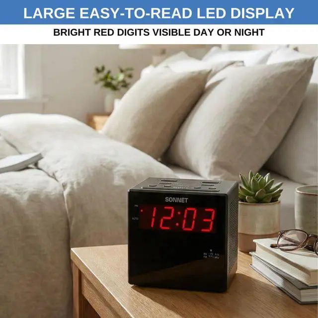 Alt view image 7 of 7 - Digital Alarm Clock Radio with Charging Station, AM/FM Radio for Bedroom, 2 AC Outlets & USB-C + USB-A Charging Ports, LED Display, Snooze, AUX Input, Battery Backup by